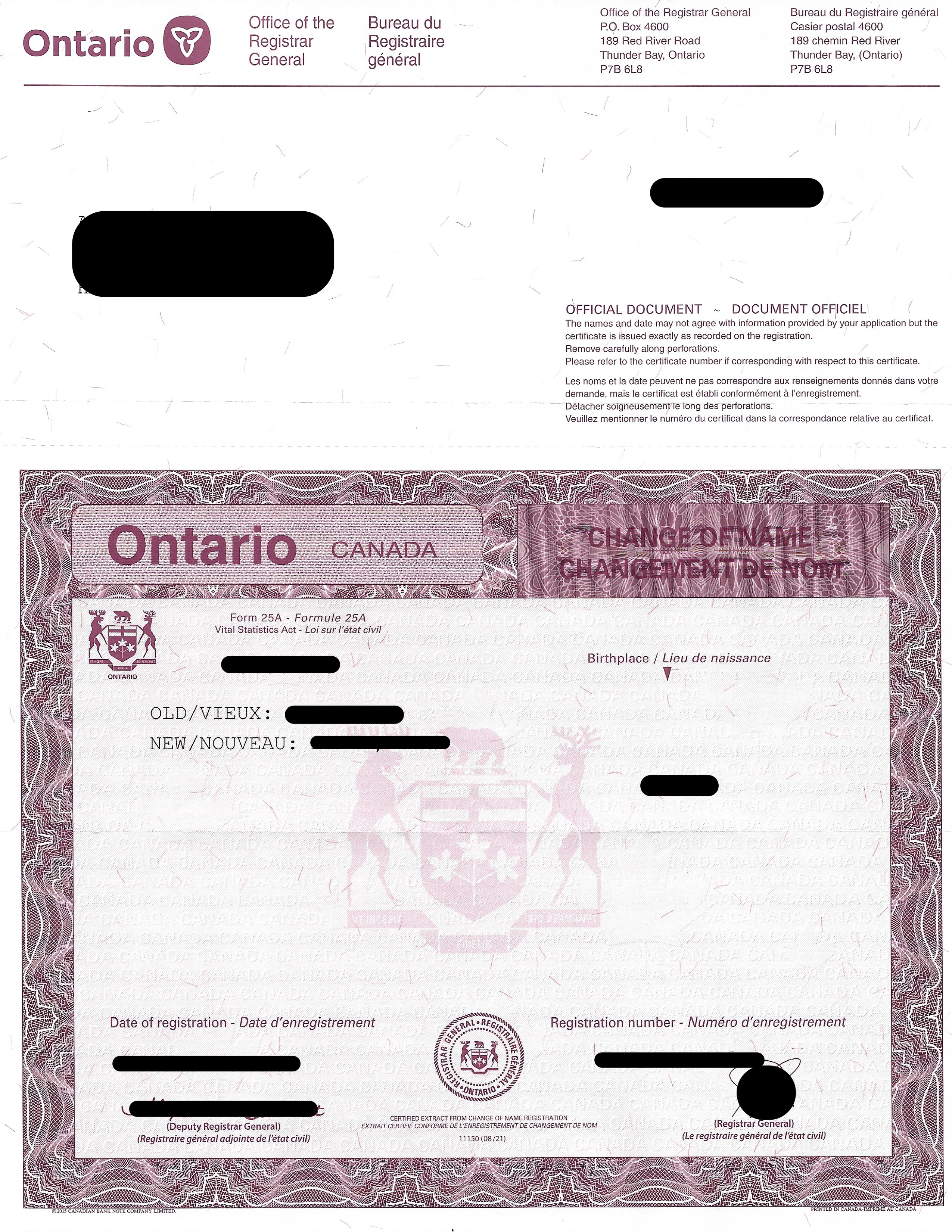 Image of a sample name change certificate with sensitive detailed redacted 